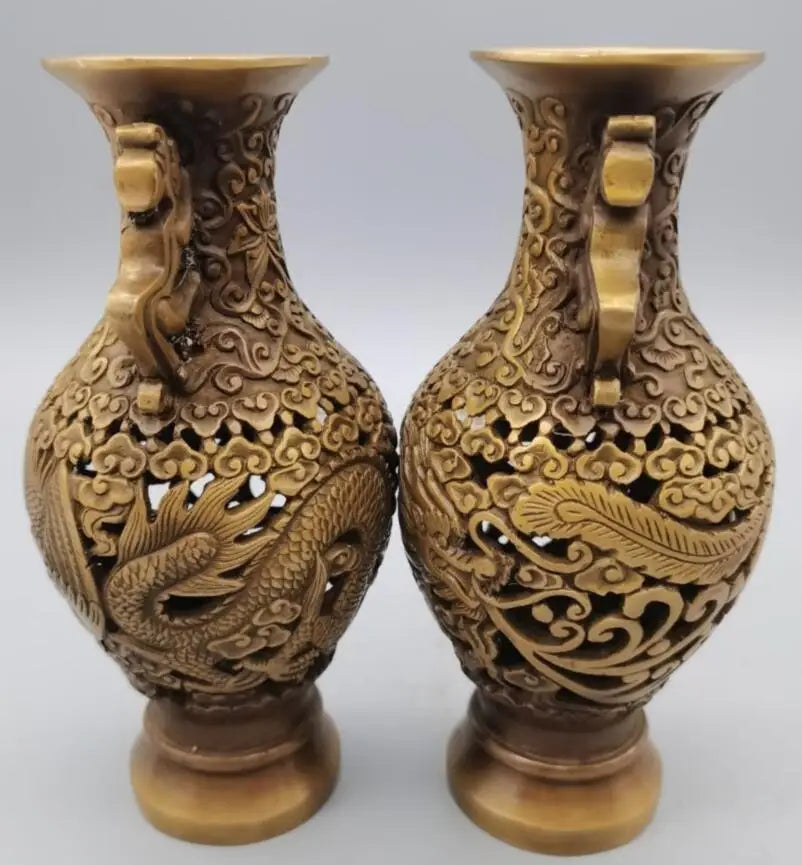 China brass Hollow out dragon phoenix vase crafts statue A pair