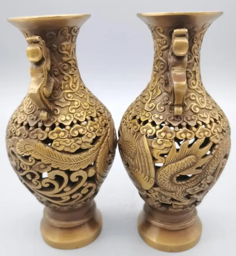 China brass Hollow out dragon phoenix vase crafts statue A pair
