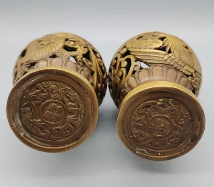 China brass Hollow out dragon phoenix vase crafts statue A pair