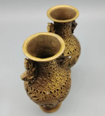 China brass Hollow out dragon phoenix vase crafts statue A pair