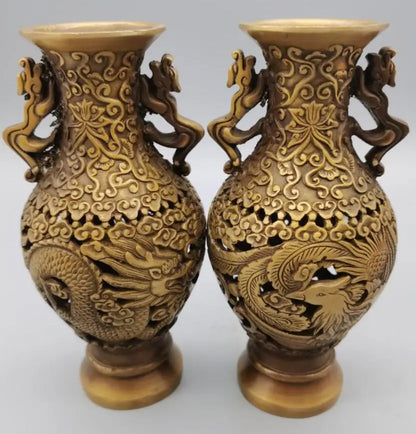 China brass Hollow out dragon phoenix vase crafts statue A pair
