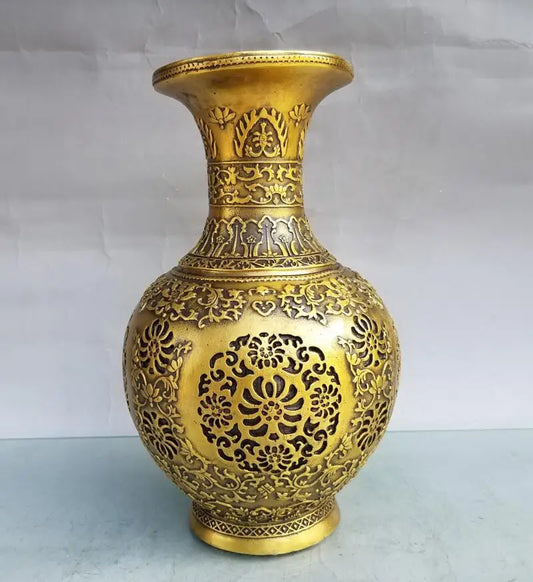 China brass Hollow out flowers vase crafts statue