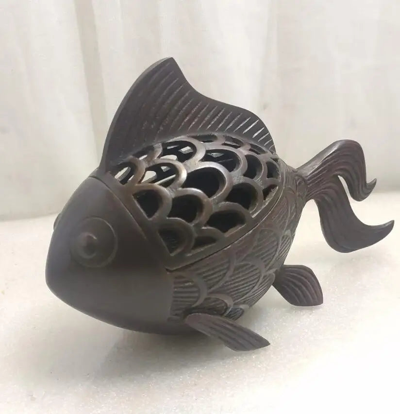 China brass Hollow out goldfish Incense burner crafts statue