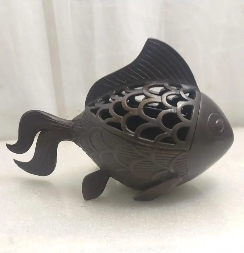 China brass Hollow out goldfish Incense burner crafts statue