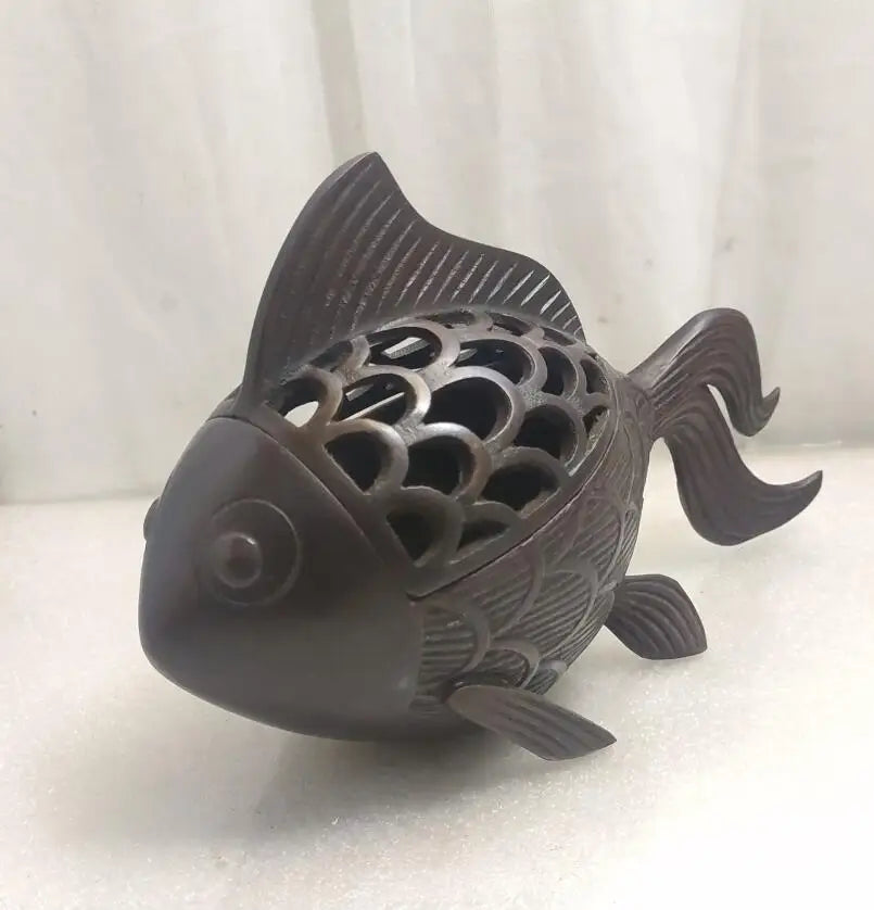 China brass Hollow out goldfish Incense burner crafts statue