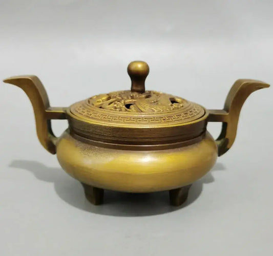 China brass Hollow out lid Incense burner crafts statue