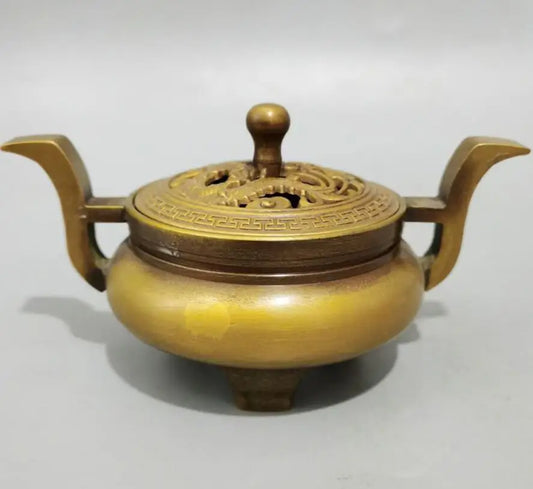 China brass Hollow out lid Incense burner crafts statue