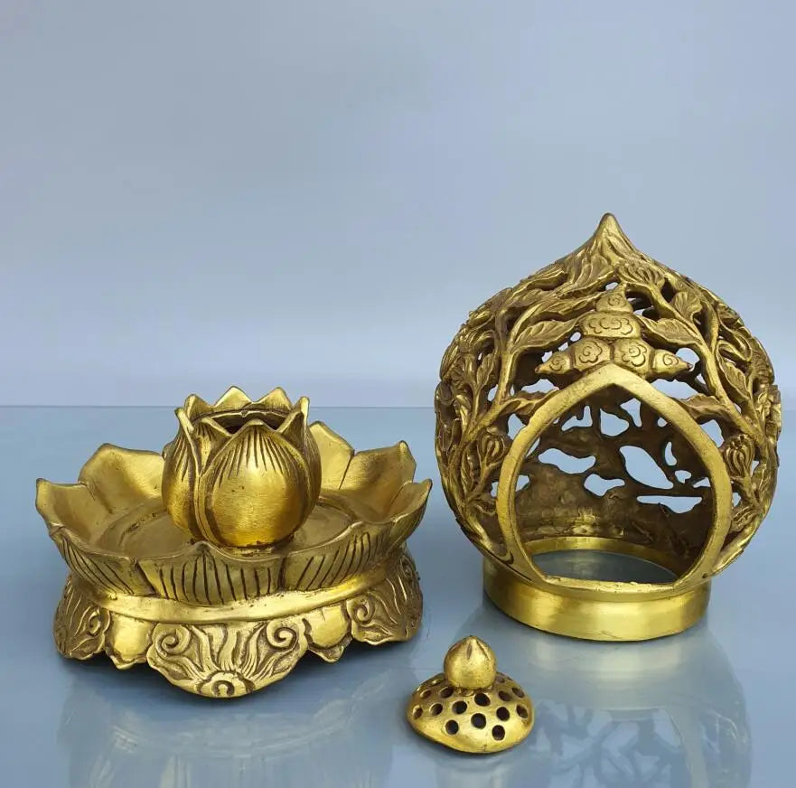 China brass Hollow out lotus Incense burner crafts statue