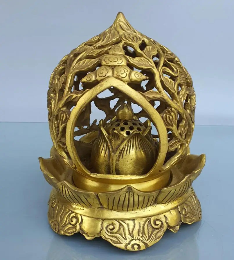 China brass Hollow out lotus Incense burner crafts statue