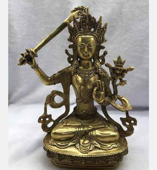 China brass Lift sword Manjusri Guanyin Buddha crafts statue