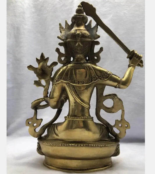 China brass Lift sword Manjusri Guanyin Buddha crafts statue