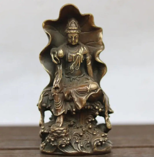 China brass Lotus leaf Guanyin bodhisattva crafts statue
