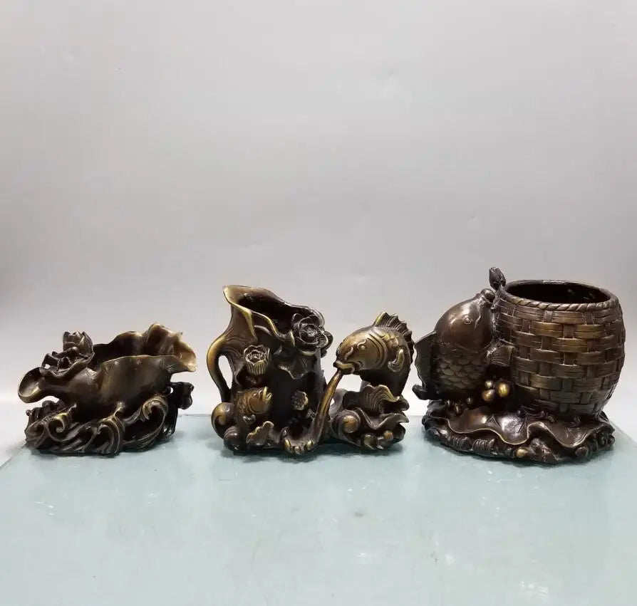 China brass Lotus leaf fish Pen holder crafts statue