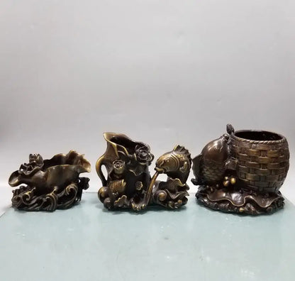 China brass Lotus leaf fish Pen holder crafts statue