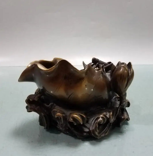 China brass Lotus leaf fish Pen holder crafts statue