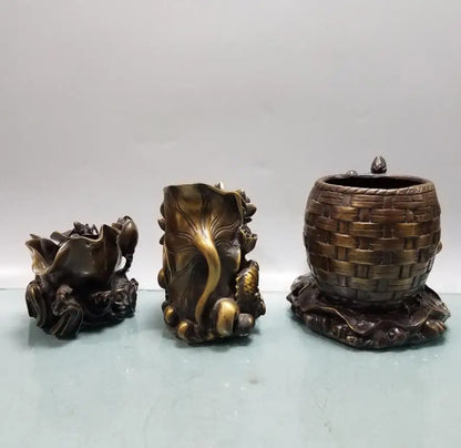 China brass Lotus leaf fish Pen holder crafts statue