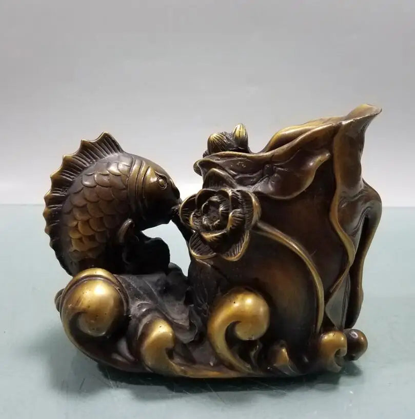 China brass Lotus leaf fish Pen holder crafts statue