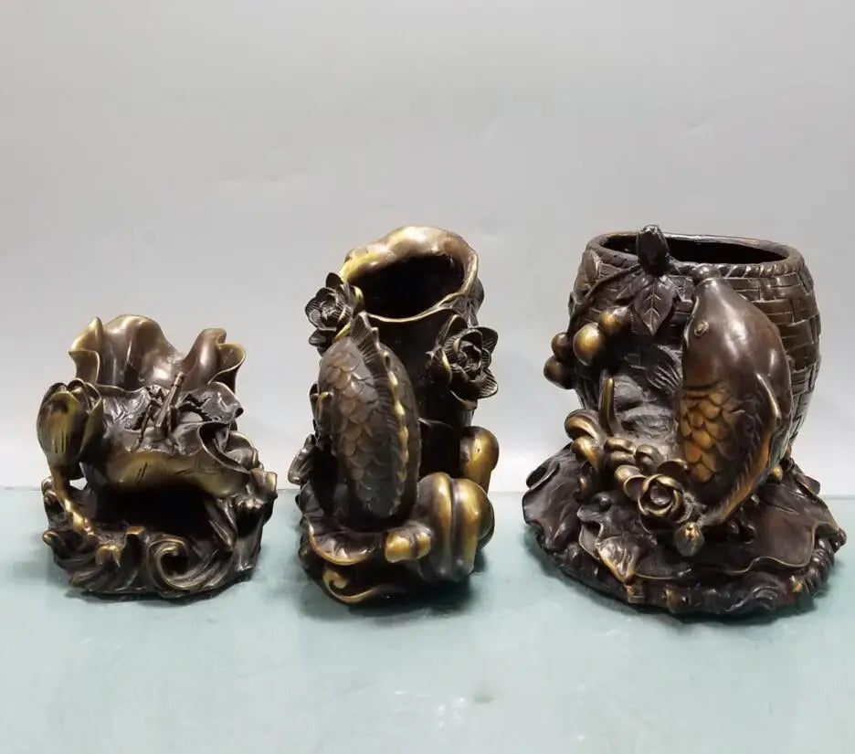 China brass Lotus leaf fish Pen holder crafts statue