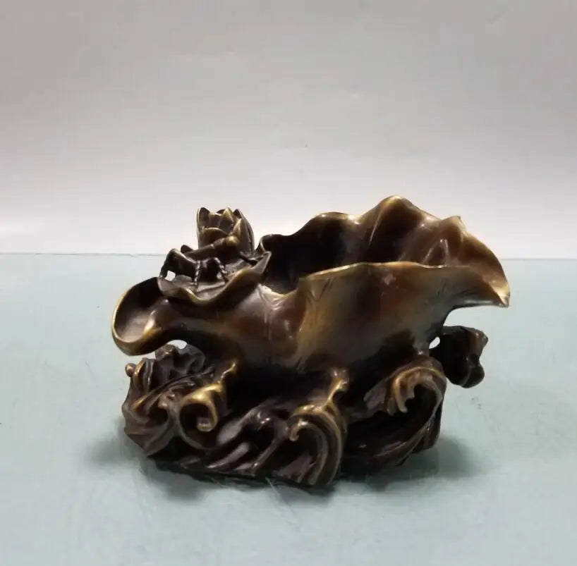 China brass Lotus leaf fish Pen holder crafts statue