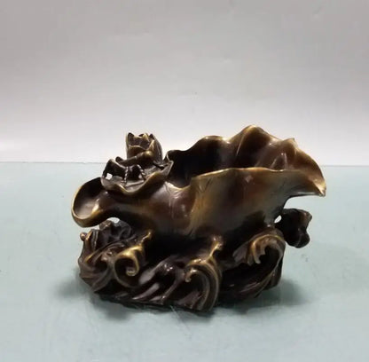 China brass Lotus leaf fish Pen holder crafts statue