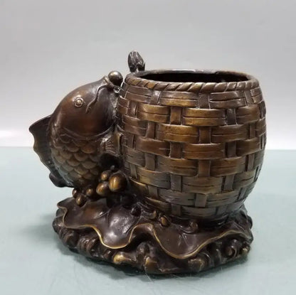 China brass Lotus leaf fish Pen holder crafts statue
