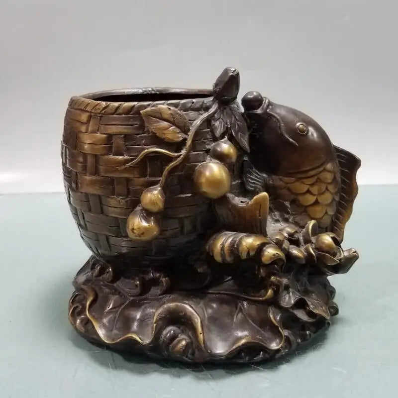 China brass Lotus leaf fish Pen holder crafts statue