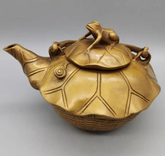China brass Lotus leaf  frog teapot crafts statue