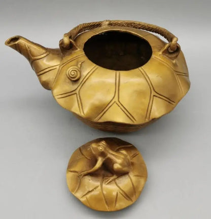 China brass Lotus leaf  frog teapot crafts statue