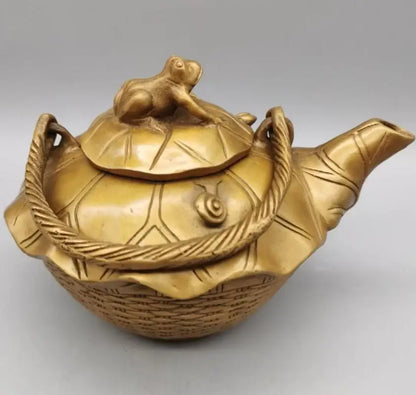 China brass Lotus leaf  frog teapot crafts statue