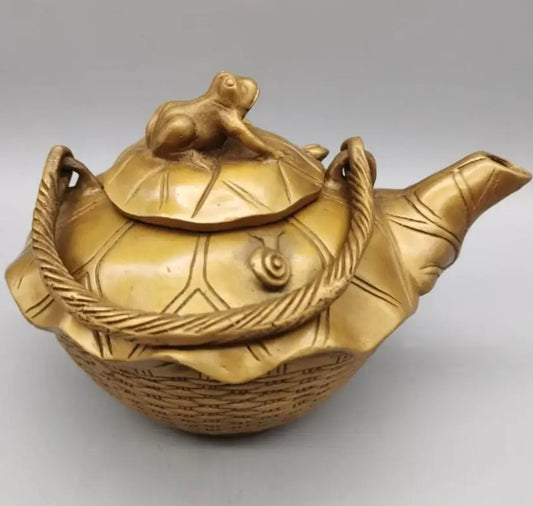 China brass Lotus leaf  frog teapot crafts statue