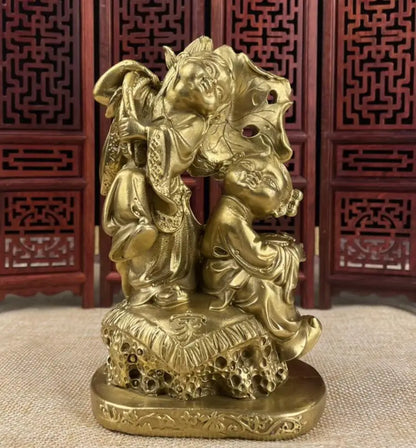China brass Lotus leaf two fairy crafts statue
