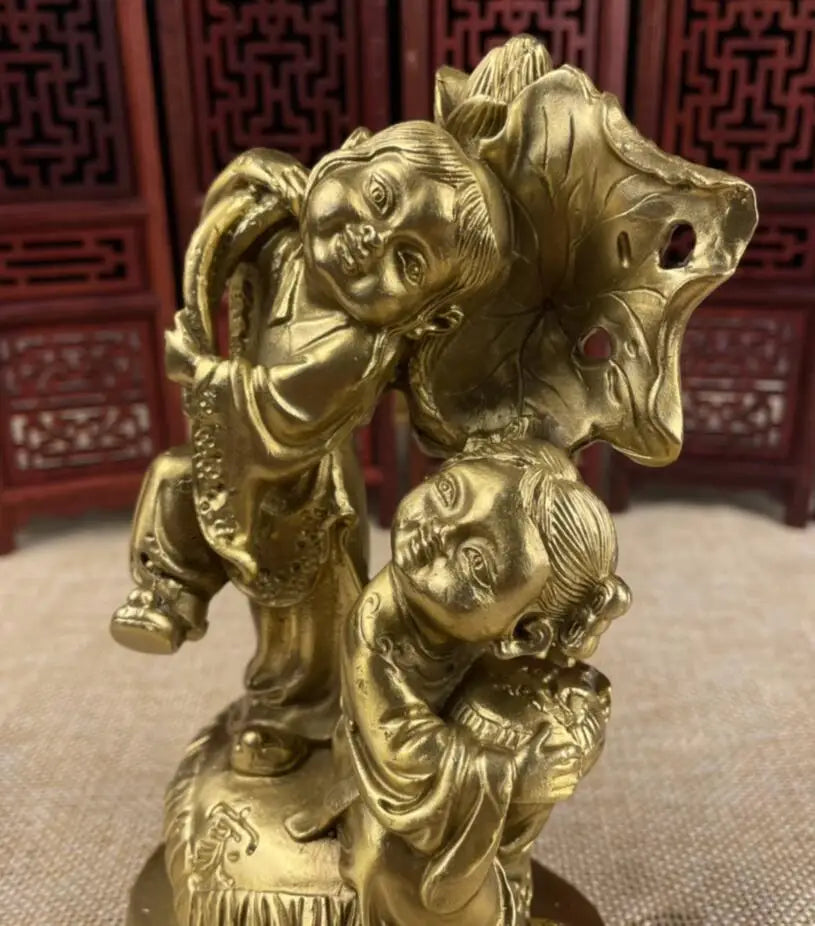 China brass Lotus leaf two fairy crafts statue