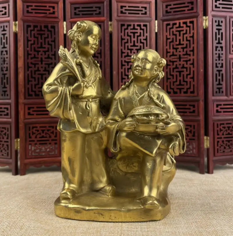 China brass Lotus leaf two fairy crafts statue