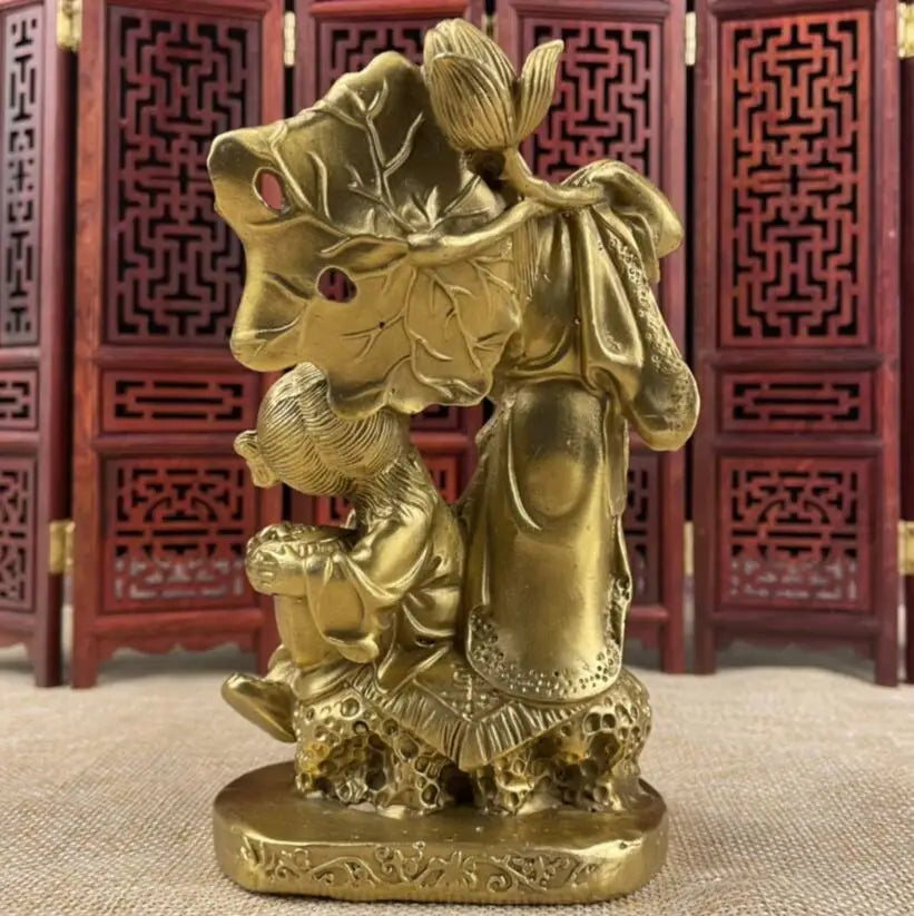China brass Lotus leaf two fairy crafts statue