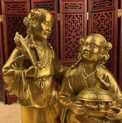China brass Lotus leaf two fairy crafts statue