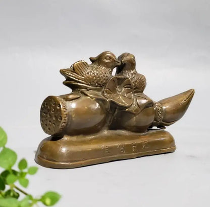 China brass Lotus root Mandarin duck penholder crafts statue
