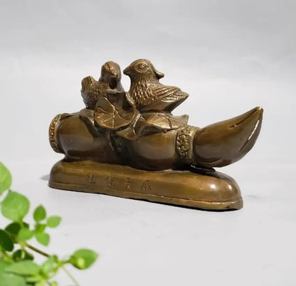 China brass Lotus root Mandarin duck penholder crafts statue
