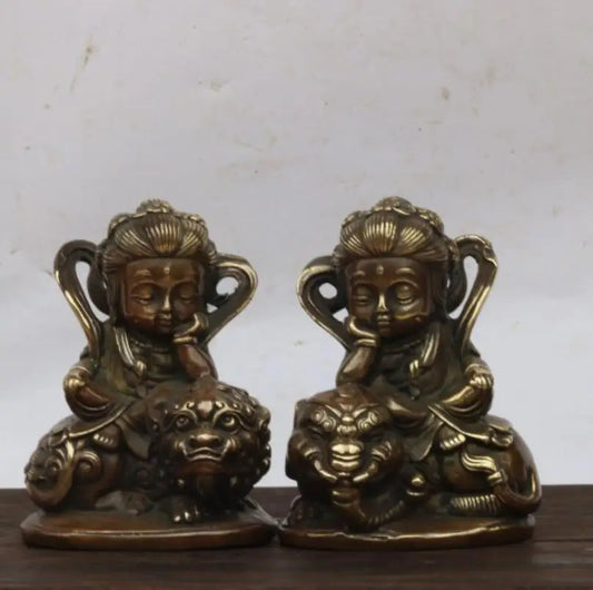 China brass  Manjusri Samantabhadra bodhisattva Buddha small crafts statue A pair
