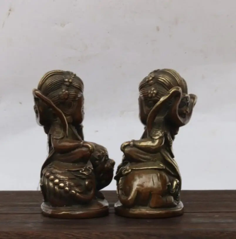 China brass  Manjusri Samantabhadra bodhisattva Buddha small crafts statue A pair