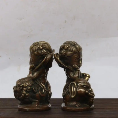 China brass  Manjusri Samantabhadra bodhisattva Buddha small crafts statue A pair