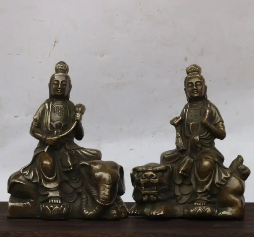 China brass Manjusri Samantabhadra bodhisattva Buddha statue A pair