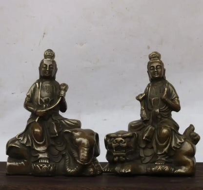 China brass Manjusri Samantabhadra bodhisattva Buddha statue A pair