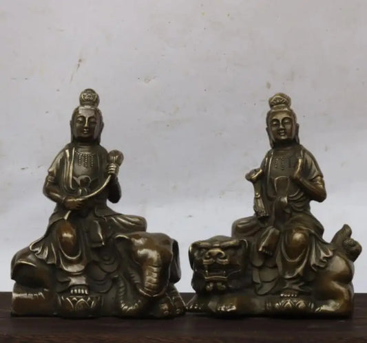 China brass Manjusri Samantabhadra bodhisattva Buddha statue A pair