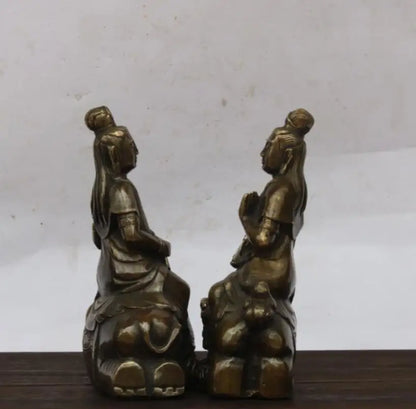 China brass Manjusri Samantabhadra bodhisattva Buddha statue A pair