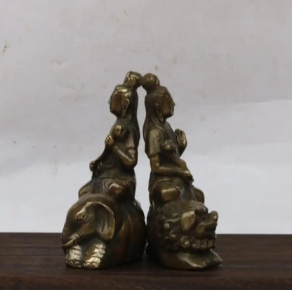 China brass Manjusri Samantabhadra bodhisattva Buddha statue A pair