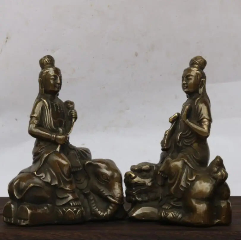 China brass Manjusri Samantabhadra bodhisattva Buddha statue A pair
