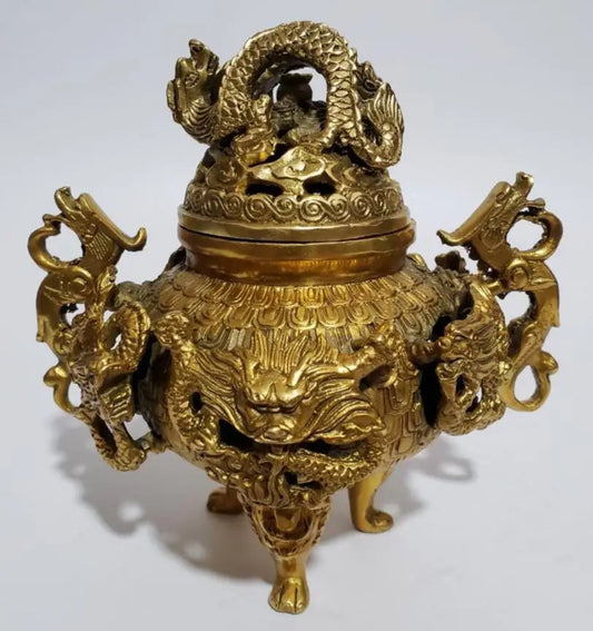 China brass Nine dragons incense burner crafts statue