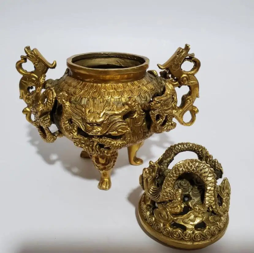 China brass Nine dragons incense burner crafts statue