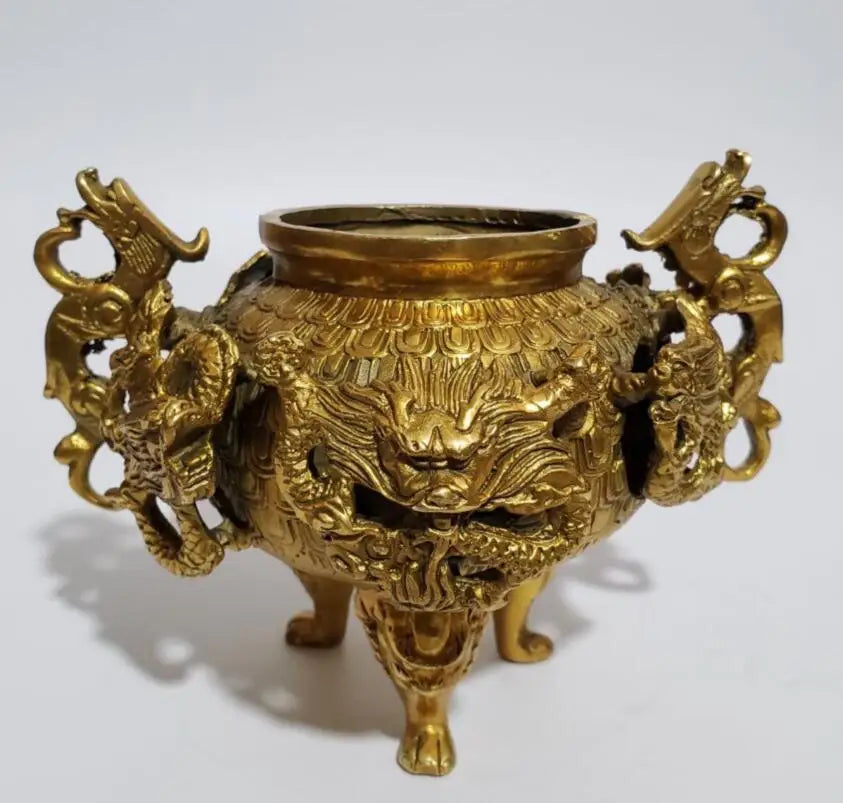 China brass Nine dragons incense burner crafts statue