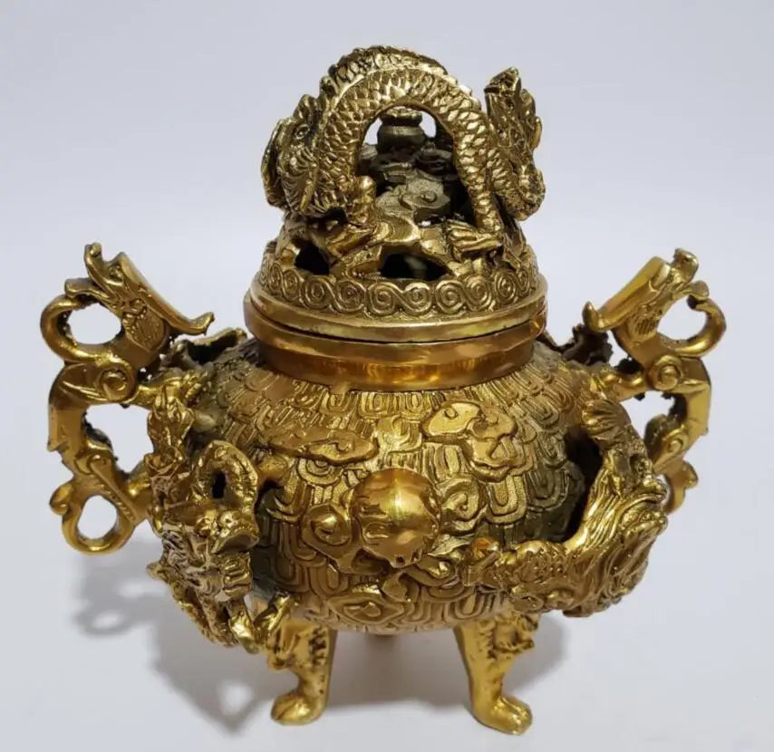 China brass Nine dragons incense burner crafts statue